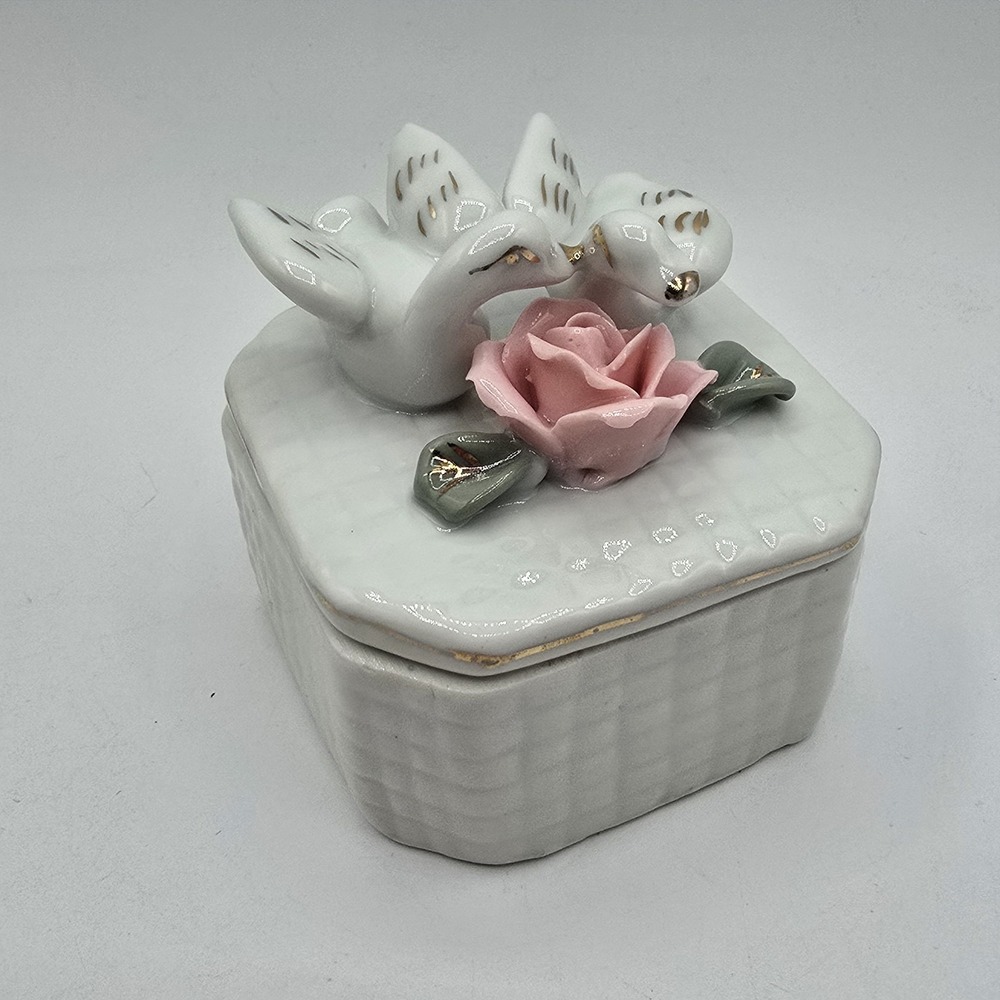 Ceramic Octagonal 2-White Dove Love Birds With Pink Rose Trinket Box Cottagecore